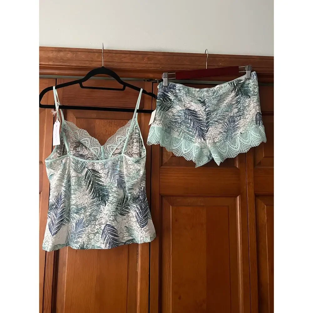 NWT In Bloom by Jonquil Women's Lace Cami & Shorts Pajama Set Aqua Palm Size XL